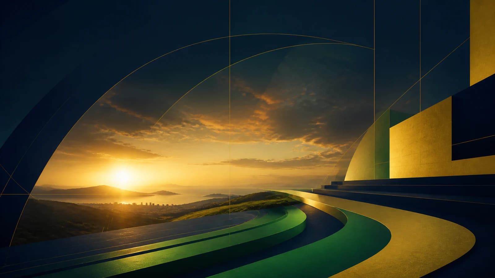 Composição cívica em azul, verde e dourado, com luz do alvorecer e formas inspiradas nas cores do Brasil, criada para o 7 de Setembro de 2026.