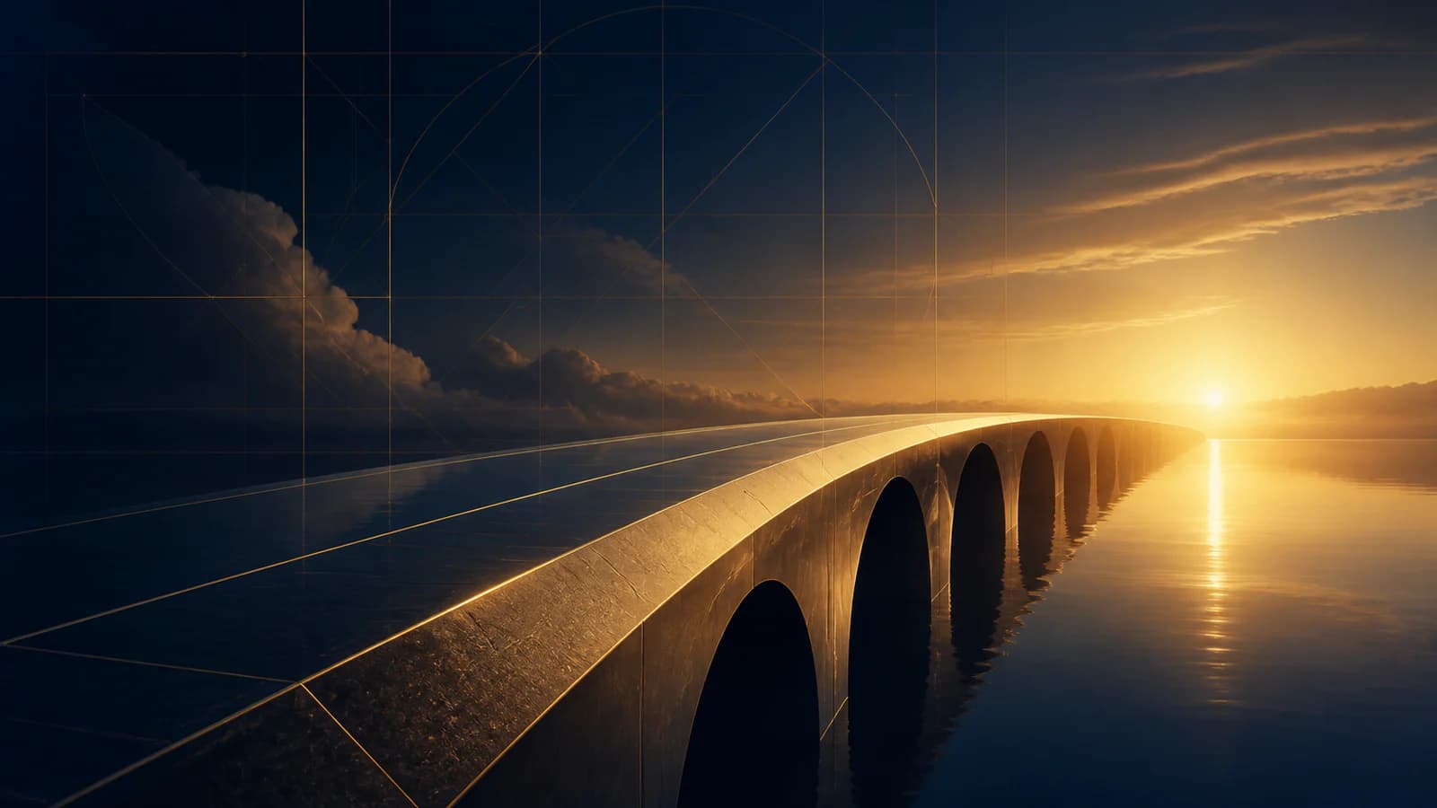 Composição contemporânea em azul-marinho e dourado, com linhas arquitetônicas e luz no horizonte, representando diálogo, ética e compromisso social.