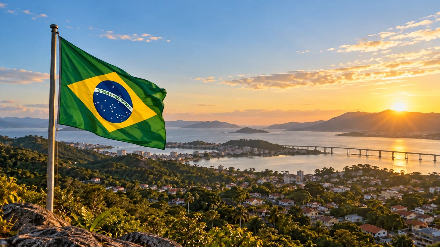 Bandeira do Brasil ao amanhecer sobre uma paisagem litorânea, em imagem ilustrativa de esperança e cidadania.